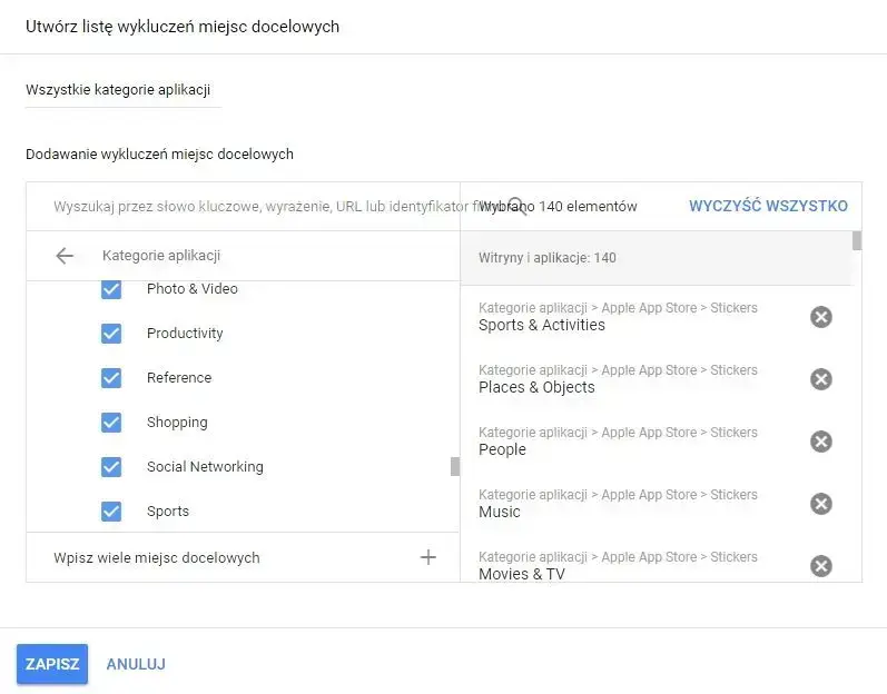 tworzenie listy wykluczen