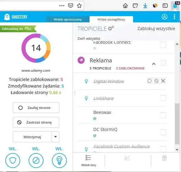 Rozszerzenie Ghostery a widok witryny