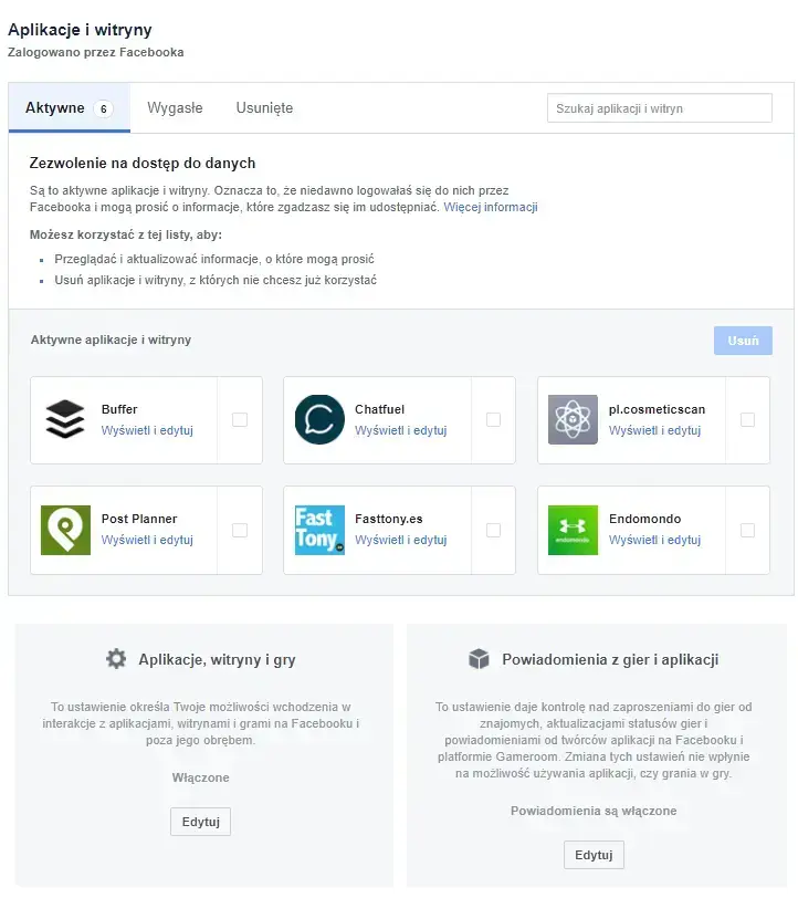 aplikacje i witryny facebook
