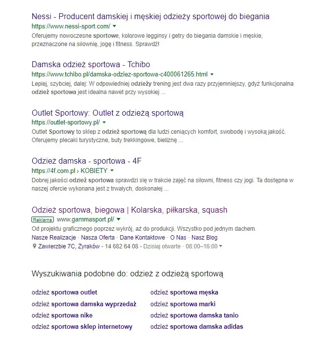 Google ads na frazę odzież sportowa – ostatnie wyniki