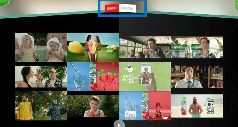 dostępne opcje wyboru na stronie Tymbark.com