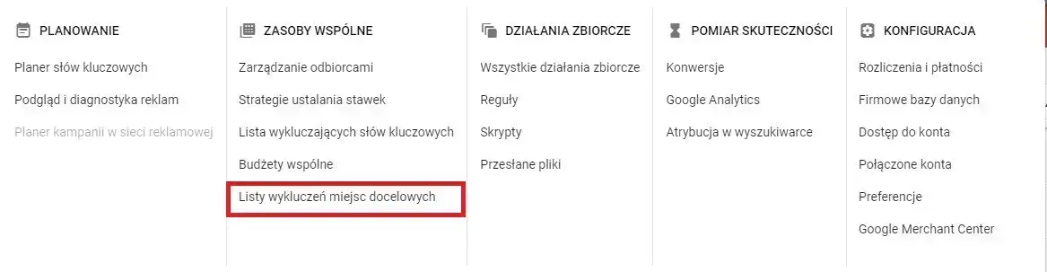 listy wykluczeń miejsc docelowych
