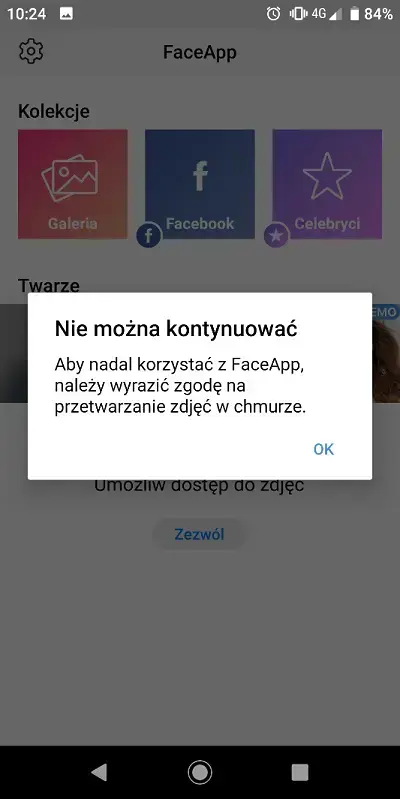 aplikacja faceapp odmowa dostępu do zdjęć
