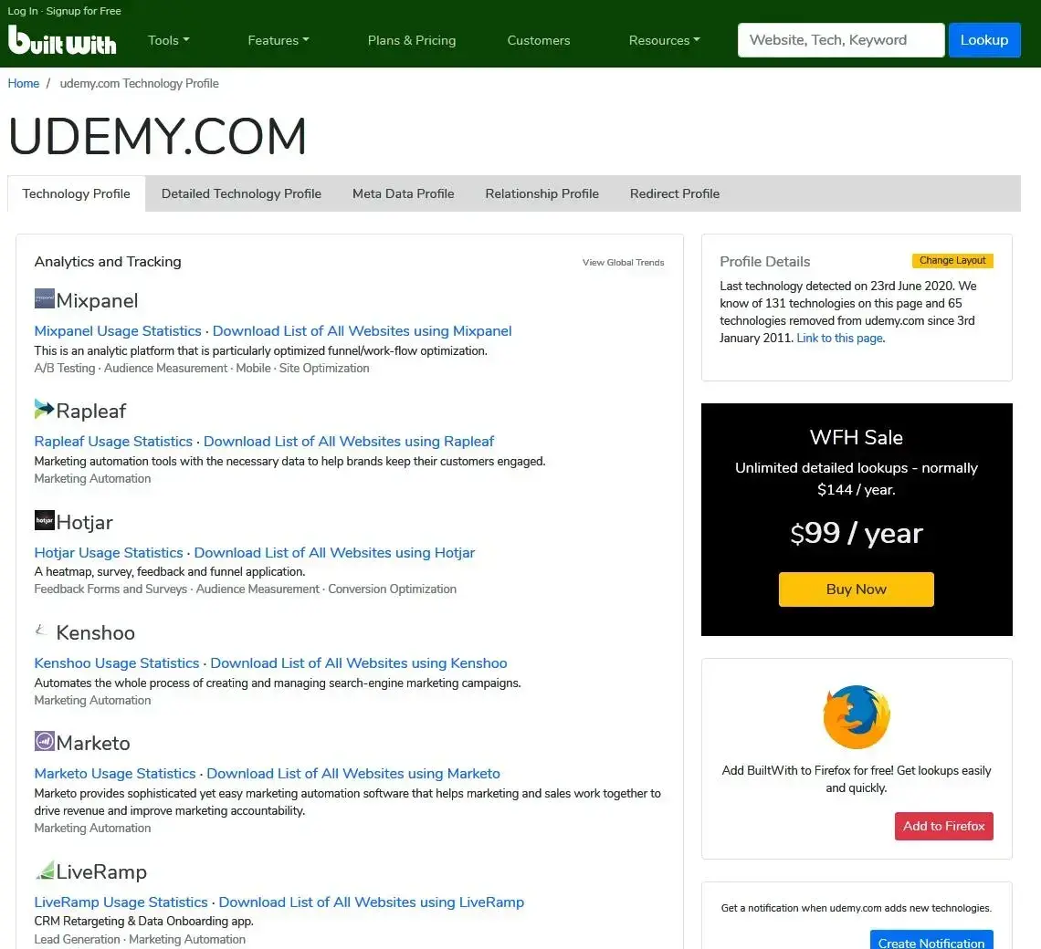 Widok witryny w narzędziu builtwith