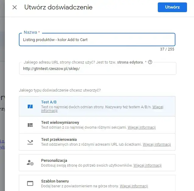 Utwórz doświadczenie